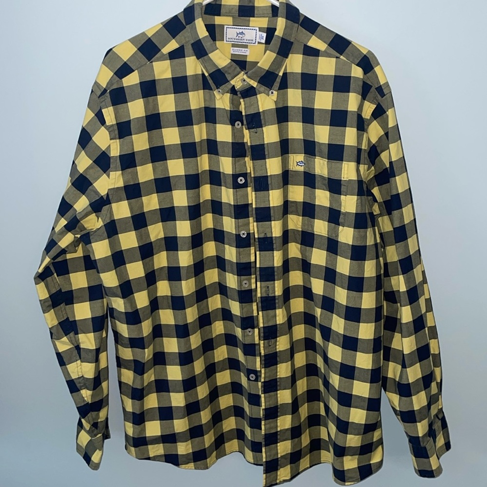 Southern Tide Men’s yellow/navy Classic Fit Long Sleeve Button Down Plai…